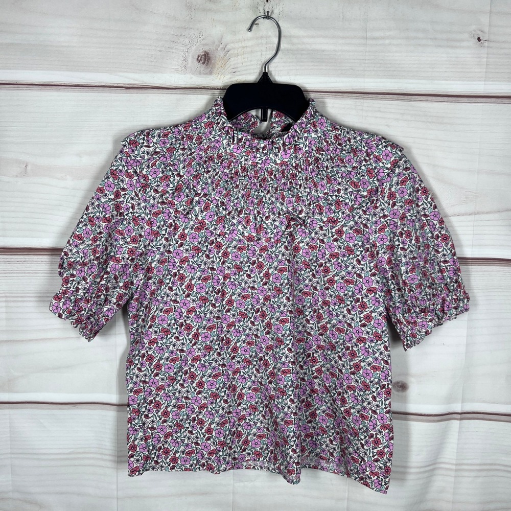Zara Top Women M Multicolor Floral Smocked Mock Neck Puff Sleeve Cotton Blouse
